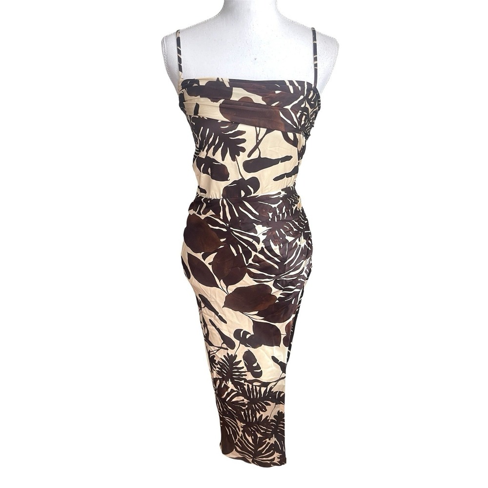 NWT Nicholas Chocolate Brown Skyler Draped Satin Midi Dress Sz 4 Tropical Resort - Picture 5 of 15